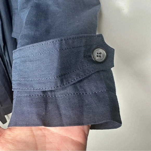 ICB Navy Blue Linen Silk Drape Front Trench Blazer Jacket Size Small - Picture 5 of 10